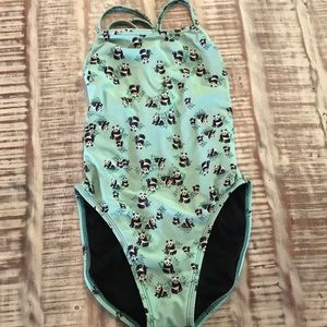 JOLYN tie back onesie with panda pattern.